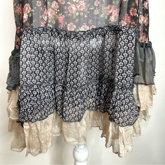 Cecico Fairy Dress M Black Pink SHEER Floral Ruffle Whimsigoth Coquette Mini - Picture 6 of 8